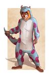  ambiguous_gender anthro clothed clothing felicia_cat hair mammal onesie raccoon simple_background smile solo standing 