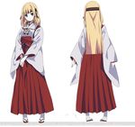  blonde_hair blue_eyes character_sheet dengeki_bunko detached_sleeves eyebrows_visible_through_hair full_body hakama headband ikawa_waki japanese_clothes kimono long_hair looking_at_viewer meinokawa_higan miko mitou_shoukan://blood_sign multiple_views obi official_art red_hakama sash simple_background tabi watermark white_background wide_sleeves 