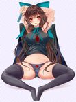  arms_up black_legwear black_panties black_shirt black_wings bow breasts brown_hair cape feet_together food full_body green_bow groin hair_bow head_tilt kizaki_aoi large_breasts long_hair looking_at_viewer navel no_pants no_shoes panties polka_dot polka_dot_background popsicle red_eyes reiuji_utsuho shirt sitting smile solo spread_legs thighhighs thighs touhou underwear very_long_hair wings 