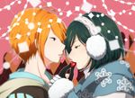  alternate_costume argyle argyle_background bad_id bad_pixiv_id black_gloves earmuffs feeding gloves green_eyes green_hair heart idolmaster idolmaster_side-m kiyosumi_kurou male_focus multiple_boys niki_(nikism1987) orange_hair parted_lips pink_background scarf tsukumo_kazuki upper_body valentine white_gloves winter_clothes yaoi 