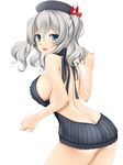  absurdres ass blue_eyes blush breasts grey_hair hat highres kantai_collection kashima_(kantai_collection) medium_breasts meme_attire ribbed_sweater smile solo sweater thighs toranoo twintails virgin_killer_sweater white_background 