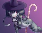  1girl arched_back ass bottomless candy_cane female furry hat open_mouth original purple_background raizinndx small_breasts solo tail witch_hat 