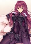  armor blush bodysuit breasts commentary_request covered_navel fate/grand_order fate_(series) fukuda_shuushi highres large_breasts long_hair looking_at_viewer pauldrons purple_bodysuit purple_hair red_eyes scathach_(fate)_(all) scathach_(fate/grand_order) shoulder_armor sitting skin_tight smile solo very_long_hair 