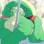  2017 abstract_background all_fours alligator anthro biceps big_tail brown_eyes cel_shading clothed clothing countershade_face countershade_tail countershade_torso countershading crocodilian digital_media_(artwork) drooling furgonomics grandall_(artist) grandall_(character) green_scales green_tail long_tail male multicolored_scales multicolored_tail muscular muscular_male open_mouth pecs pink_tongue pinup pole pose red_bottomwear red_clothing reptile saliva scales scalie shaded solo speedo stripper_pole swimsuit tail_clothing tan_countershading tan_scales tan_tail teeth thick_tail tongue tongue_out topless two_tone_scales two_tone_tail 