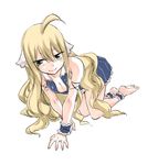  ahoge all_fours ankle_cuffs barefoot blonde_hair blue_dress breasts cleavage collarbone dress fairy_tail full_body green_eyes hair_between_eyes long_hair looking_at_viewer mashima_hiro mavis_vermilion md5_mismatch official_art pleated_dress simple_background small_breasts smile solo very_long_hair white_background wrist_cuffs 