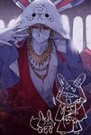  :d animal_hood blonde_hair capelet chibi earrings fate/grand_order fate_(series) fou_(fate/grand_order) fou_hood gilgamesh holding hood jewelry kettle21 looking_at_viewer male_focus necklace open_mouth red_eyes red_robe robe shirtless smile upper_body 