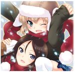  bangs black_hair black_sweater blonde_hair blue_eyes blue_skirt boots brown_footwear brown_hat carrying casual girls_und_panzer hat katyusha long_hair long_sleeves looking_at_viewer miniskirt multiple_girls nonna one_eye_closed open_mouth pleated_skirt red_scarf scarf short_hair shoulder_carry skirt smile snow sweater swept_bangs thighhighs white_legwear yano_takumi 