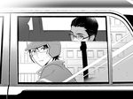  boku_dake_ga_inai_machi car employee_uniform fujinuma_satoru glasses greyscale ground_vehicle hair_slicked_back helmet jumping_dogeza looking_out_window male_focus monochrome motor_vehicle multiple_boys older reflection uniform window yashiro_gaku 