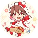  :d alternate_costume animal_hood beamed_eighth_notes candy cat_hood chain chibi commentary_request ensemble_stars! food fruit full_body gold_chain hair_between_eyes hello_kitty hood hoodie jacket lowres male_focus midriff_peek morisawa_chiaki musical_note nayuta_(charinkoo) open_clothes open_jacket open_mouth outstretched_arm red_eyes sash smile solo strawberry 