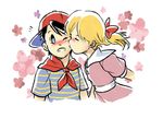  1girl ana_(mother) black_hair blonde_hair blue_eyes blush bow cheek_kiss closed_eyes dress emcee hair_bow kiss mother_(game) mother_1 neckerchief ninten one_eye_closed pink_dress shirt sideways_hat striped striped_shirt twintails 