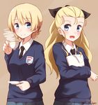  assam bangs black_neckwear black_ribbon blonde_hair blue_eyes blue_skirt blue_sweater braid brown_background closed_mouth commentary_request crossed_arms cup darjeeling dress_shirt emblem girls_und_panzer hair_ribbon highres holding kapatarou long_hair long_sleeves looking_at_another multiple_girls necktie notepad open_mouth pleated_skirt ribbon saucer school_uniform shirt short_hair side-by-side simple_background skirt smile st._gloriana's_(emblem) st._gloriana's_school_uniform standing steam sweater teacup tied_hair twin_braids twitter_username upper_body v-neck white_shirt yuri 