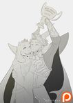  asgore_dreemurr beard boss_monster caprine crown delta_rune duo english_text eyes_closed facial_hair fangs goat horn long_ears mammal nuzzling one_eye_closed simple_background text toriel trophy undertale v0idless video_games white_background wink 