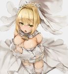  :o ahoge arm_strap bangs bare_shoulders belt belt_buckle blonde_hair blush breasts bridal_veil buckle chain cleavage commentary cowboy_shot detached_collar detached_sleeves embarrassed eyebrows_visible_through_hair fate/extra fate/extra_ccc fate_(series) flower flower_wreath from_above garter_belt green_eyes grey_background hair_between_eyes hair_intakes hands_on_own_chest hands_together head_wreath legs_together leotard lock looking_at_viewer looking_up loose_belt medium_breasts nero_claudius_(bride)_(fate) nero_claudius_(fate)_(all) open_mouth padlock puffy_detached_sleeves puffy_sleeves sidelocks simple_background solo standing strapless strapless_leotard sue_(bg-bros) thigh_gap thigh_strap thighhighs tied_hair veil waist_cape white_flower white_legwear white_leotard white_sleeves wide_sleeves zipper 