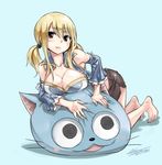  :t arm_support barefoot black_eyes black_skirt blonde_hair blue_background breast_press breasts cleavage collarbone detached_sleeves eyebrows_visible_through_hair fairy_tail hair_between_eyes happy_(fairy_tail) kneeling large_breasts long_hair looking_at_viewer lucy_heartfilia mashima_hiro md5_mismatch miniskirt official_art ribbon signature simple_background skirt solo tattoo twintails white_ribbon 