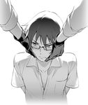  arms_behind_back blush boku_dake_ga_inai_machi collarbone fujinuma_satoru glasses gloves greyscale hands_on_another's_face jumping_dogeza long_sleeves looking_away male_focus monochrome out_of_frame pov pov_hands short_sleeves simple_background sleeves_rolled_up solo_focus sweat wavy_mouth white_background yashiro_gaku 