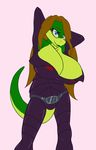  anthro big_breasts blue_eyes breasts brown_hair cleavage clothed clothing eyewear female glasses hair huge_breasts lizard reptile samantha_brooks sarcolopter scalie simple_background solo 