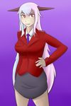  breasts business_suit clothed clothing demon female fully_clothed hair hand_on_hip horn humanoid long_hair minagi monster_girl monster_girl_quest not_furry open_mouth red_eyes solo standing succubus suit thundragon video_games white_hair 
