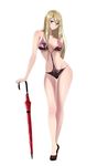  blonde_hair blue_eyes breasts casual_one-piece_swimsuit cleavage drift_girls full_body hair_between_eyes high_heels highres hori_chuu_yuu_nashi large_breasts long_hair looking_at_viewer official_art one-piece_swimsuit shiny shiny_skin simple_background solo swimsuit thigh_gap umbrella_stand white_background 