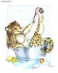  2014 anthro bathing bathtub bottle breasts brown_hair brush brushing chest_tuft featureless_breasts feline female fur green_eyes hair inside jaguar kashmere mammal nude paws rubber_duck sitting soap solo sponge tuft water white_fur yellow_fur 