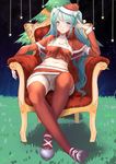  aqua_hair bangs blue_eyes blush breasts capelet christmas christmas_tree cleavage closed_mouth crossed_legs detached_sleeves eyebrows_visible_through_hair fur-trimmed_legwear fur-trimmed_sleeves fur_trim grass hat hatsune_miku high_heels highres long_hair looking_at_viewer medium_breasts midriff navel night night_sky outdoors panties pantyshot pantyshot_(sitting) red_legwear santa_costume santa_hat sitting sky smile solo star swept_bangs thighhighs throne twintails underwear very_long_hair vocaloid wenhe white_panties 