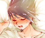  aoko_(blue_9140) beard bed bed_sheet blush close-up closed_eyes collarbone danganronpa drooling facial_hair goatee highres implied_sex male_focus md5_mismatch momota_kaito new_danganronpa_v3 on_bed open_mouth pov purple_hair resized shirt solo spiked_hair sweat t-shirt tears upscaled 