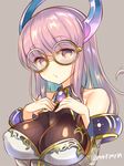  breasts brown_eyes glasses horns impossible_clothes julie_(p&amp;d) large_breasts long_hair marshmallow_mille pink_hair pursed_lips puzzle_&amp;_dragons solo upper_body 