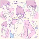 1boy ^_^ beard blazer collared_shirt danganronpa expressions eyes_closed facial_hair grin hand_on_hip highres jacket jacket_on_shoulders jacket_over_shoulder light_smile long_sleeves looking_at_viewer looking_away looking_to_the_side loose_shirt male_focus momota_kaito multiple_views new_danganronpa_v3 planet purple_background purple_eyes purple_hair rocket school_uniform seal shirt simple_background smile space_print spiked_hair star starry_sky_print 