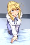  absurdres ahoge all_fours artoria_pendragon_(all) artoria_pendragon_(lancer) black_legwear blonde_hair blouse blue_eyes blue_ribbon blue_skirt blush braid breast_squeeze breasts cosplay depo_(typebaby505) fate/grand_order fate_(series) full_body hair_bun highres large_breasts long_hair long_sleeves looking_at_viewer no_shoes on_bed open_mouth pantyhose pencil_skirt ribbon saber saber_(cosplay) sidelocks skirt solo sweatdrop white_blouse 