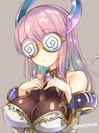  breasts coke-bottle_glasses glasses horns impossible_clothes julie_(p&amp;d) large_breasts long_hair marshmallow_mille pink_hair pursed_lips puzzle_&amp;_dragons solo upper_body 