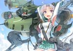  ahoge aircraft airplane akitsushima_(kantai_collection) armpits arms_behind_head arms_up breasts ebizome flying_boat hair_ornament hair_ribbon kantai_collection long_hair looking_at_viewer mecha medium_breasts military military_uniform miniskirt nishikitaitei-chan official_style open_mouth pleated_skirt purple_eyes purple_hair ribbon shizuma_yoshinori_(style) side_ponytail sidelocks skirt solo tongue uniform upper_body 