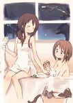  :d ^_^ basin bath bathtub brown_hair cat closed_eyes highres kyuri low_ponytail multiple_girls naked_towel nude open_mouth original short_hair shower_head sitting smile towel washbowl window 