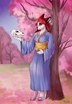 anthro canine cherry_blossom clothed clothing felicia_cat female hair looking_at_viewer mammal outside plant solo standing 