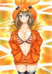  alternate_costume artist_name bikini black_legwear blue_eyes blush breasts brown_hair cleavage closed_mouth collarbone commentary_request eyebrows_visible_through_hair hair_between_eyes hand_in_pocket haruka_(pokemon) highres large_breasts looking_at_viewer navel pokemon smile solo striped striped_bikini swimsuit takecha thighhighs unzipped 
