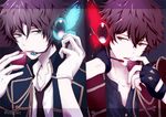  black_gloves blue_eyes butterfly_wings ensemble_stars! food fruit gloves hand_behind_head hashtag headset letterboxed looking_at_another magnet_(vocaloid) male_focus mikku morisawa_chiaki multiple_boys necktie parted_lips red_eyes song_name split_screen strawberry takamine_midori upper_body white_gloves wings 