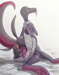  2017 anal anal_penetration bed blush butt crossgender dickgirl disembodied_penis drooling female feral horny_(disambiguation) intersex lizard looking_at_viewer looking_back lying male nintendo on_bed on_side penetration penis pok&eacute;mon precum presenting presenting_penis raised_tail reptile salazzle saliva scalie semi-anthro simple_background tongue tongue_out video_games virgin_killer_sweater white_background zelamir 