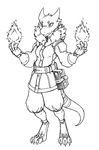  anthro belt book claws clothed clothing coat fantasy female fire gloves guoh kobold magic magic_user monochrome parka reptile scalie simple_background solo standing 