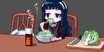  bangs black_hair blunt_bangs bowl cabbage chair commentary_request cutting_board eating gothic_lolita half-closed_eyes hardgore_alice hayanye indoors jitome lolita_fashion long_hair lowres mahou_shoujo_ikusei_keikaku mahou_shoujo_ikusei_keikaku_unmarked oekaki purple_eyes sitting solo table translation_request 