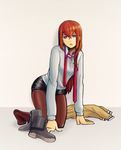  all_fours blue_eyes boots_removed breasts brown_hair chestnut_mouth collared_shirt denim denim_shorts grey_background jacket jacket_removed long_hair looking_at_viewer makise_kurisu medium_breasts necktie ocha_(mgmg_ok) open_mouth pantyhose shirt shorts solo steins;gate undone_necktie 