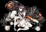  abyssal_twin_hime_(black) abyssal_twin_hime_(white) akira_(kadokawa) angry black_background black_hair clenched_teeth cradling damaged dying kantai_collection looking_at_viewer machinery multiple_girls official_art oxygen_mask shinkaisei-kan teeth white_hair 