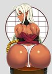  antenna_hair araimooah ass bare_shoulders bent_over blush breasts closed_mouth dark_elf dark_skin elf foreshortening from_behind grey_background large_breasts long_hair looking_at_viewer looking_back panties partially_visible_vulva pointy_ears profile round_window sansei_muramasa sitting smile solo soukou_akki_muramasa underwear white_hair white_panties window yellow_eyes 