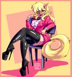  absolute_territory anthro blonde_hair breasts callie_briggs chair clinkclonkwinkwonk clothed clothing eyewear feline female glasses hair licking licking_lips mammal naughty_face nipple_bulge seductive sitting solo swat_kats tongue tongue_out 
