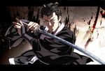  black_hair hasegawa_heizou holding holding_weapon japanese_clothes katana letterboxed looking_at_viewer male_focus nyoro_(nyoronyoro000) official_style onihei solo sword weapon 