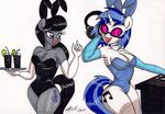  2017 anthro anthrofied black_hair blue_hair breasts bunny_costume cleavage clothed clothing cutie_mark duo elbow_gloves equine eyewear female friendship_is_magic gloves hair headphones horn horse mammal my_little_pony newyorkx3 octavia_(mlp) pony sunglasses traditional_media_(artwork) unicorn vinyl_scratch_(mlp) wide_hips 