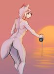  anthro bare_back blue_eyes breasts canine colored_sketch cyndi female fur mammal nude side_boob solo standing white_fur wolf 