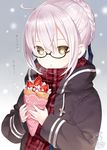 2017 :o ahoge artoria_pendragon_(all) bangs black-framed_eyewear blue_ribbon braid capriccio commentary_request crepe dated fate/grand_order fate_(series) food food_wrapper fruit glasses hair_ribbon holding holding_food jacket long_sleeves looking_at_viewer mysterious_heroine_x_(alter) plaid plaid_scarf red_scarf ribbon scarf school_uniform semi-rimless_eyewear silver_hair solo strawberry translation_request under-rim_eyewear upper_body yellow_eyes 