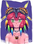  2015 artist_name blue_background bodypaint facepaint green_eyes jewelry majora_(entity) mask necklace personification red_hair short_hair simple_background smile solo the_legend_of_zelda the_legend_of_zelda:_majora's_mask upper_body yoshizaki_mine 