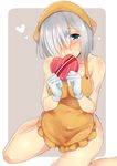  alternate_costume apron ashino bare_legs bare_shoulders box breasts brown_background chocolate chocolate_heart cleavage closed_mouth collarbone covered_navel eyebrows_visible_through_hair frilled_apron frills gift gift_box gloves hair_ornament hair_over_one_eye hairclip hamakaze_(kantai_collection) head_scarf heart heart-shaped_box highres holding kantai_collection looking_at_viewer medium_breasts naked_apron orange_apron raised_eyebrows short_hair silver_hair simple_background sitting smile solo tareme valentine w_arms wariza white_gloves 