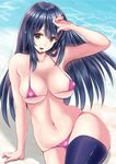  :&gt; areola_slip areolae arm_support arm_up bangs beach bikini black_hair black_legwear blush breasts brown_eyes commentary_request day eyebrows_visible_through_hair hair_between_eyes hips large_breasts long_hair looking_at_viewer micro_bikini navel ocean open_mouth original outdoors pink_bikini piston_ring sitting smile solo swimsuit thighhighs thighs wet wet_hair 