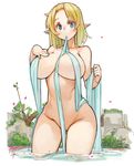  blonde_hair blue_eyes blush breasts elf large_breasts looking_at_viewer mouth_hold original petals pointy_ears sachito short_hair soaking_feet solo tree water 