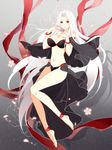  anklet bare_legs bare_shoulders barefoot bikini black_bikini bracelet breasts capelet cleavage collarbone fate/zero fate_(series) full_body gekka_nanako groin hair_intakes highres irisviel_von_einzbern jewelry large_breasts long_hair looking_at_viewer md5_mismatch navel parted_lips red_eyes sarong solo swimsuit very_long_hair white_hair 